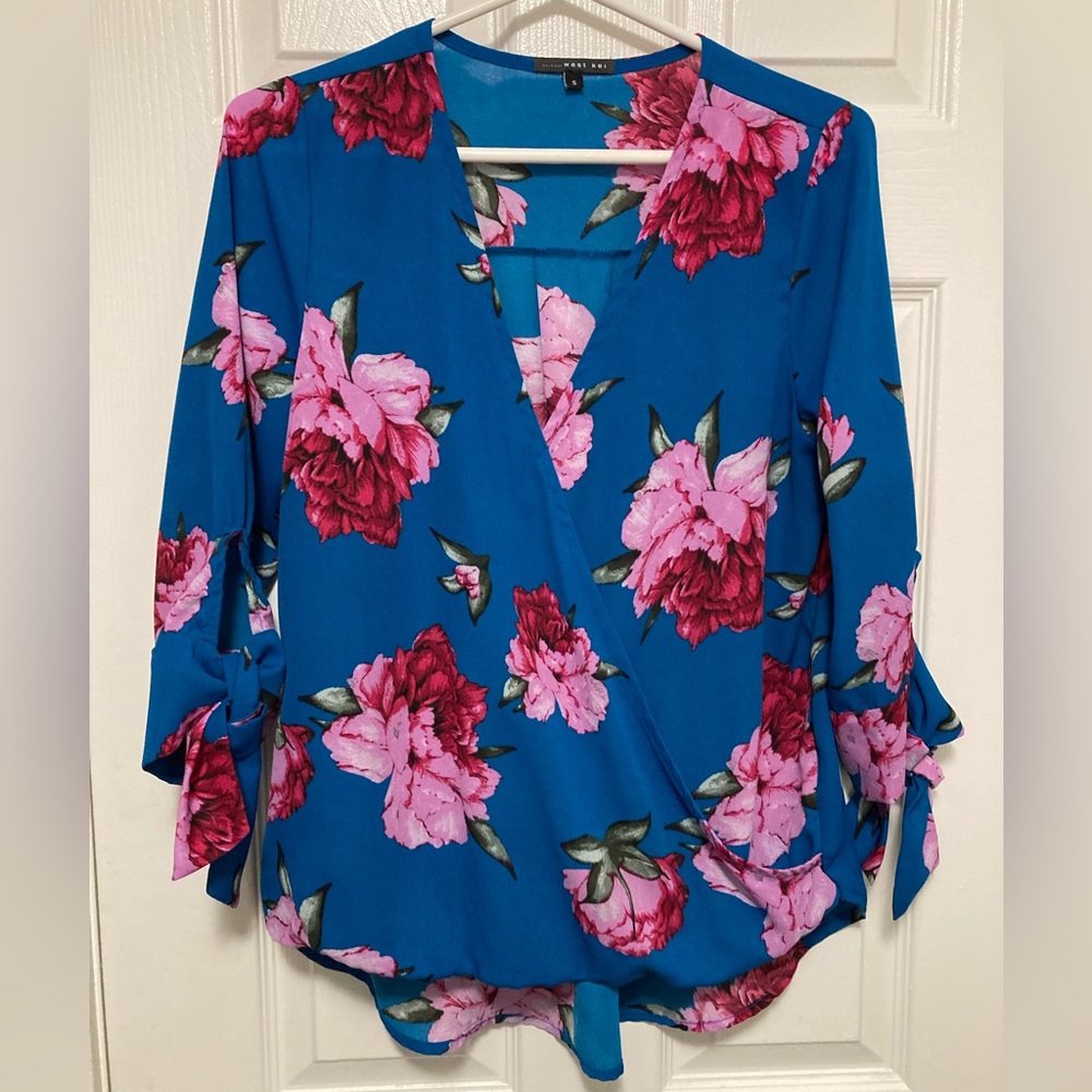 *West Kei Turquoise Blue Floral Faux Wrap Cottagecore Small Blouse #IR